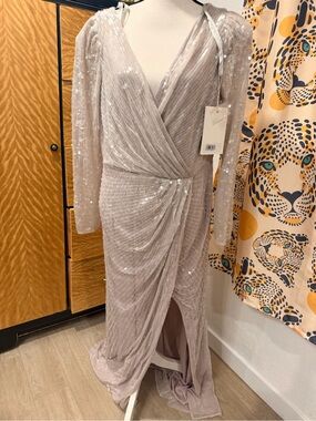 Mac Duggal Elegant Blush silver Sequin Wrap Maxi Dress size 14 NWT